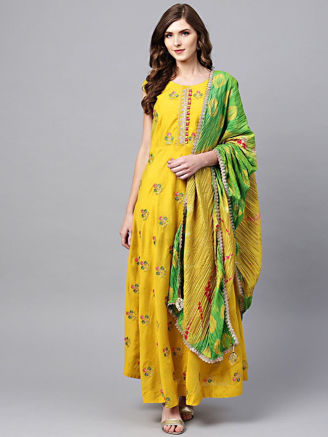 Chhabra 555 Made to Measure Yellow Green Anarkali Embroidered Suit with Bandhej dupatta