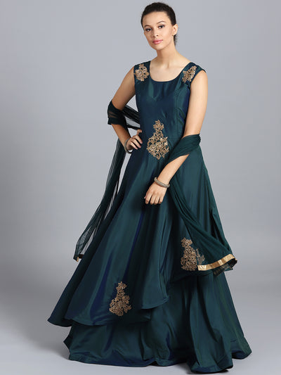 Chhabra 555 Peacock Blue Art Silk Zircon Hand Embroidered Stitched Gown With Net Dupatta
