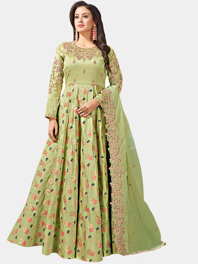 Chhabra 555 Made-to-Measure Green Embellished Gown with Banarasi weaving and Zari Embroidered Dupatta