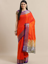 Chhabra 555 Orange Jamdani Banarasi Silk Saree with Paisley Golden Zari Pallu with Contrast Blouse 