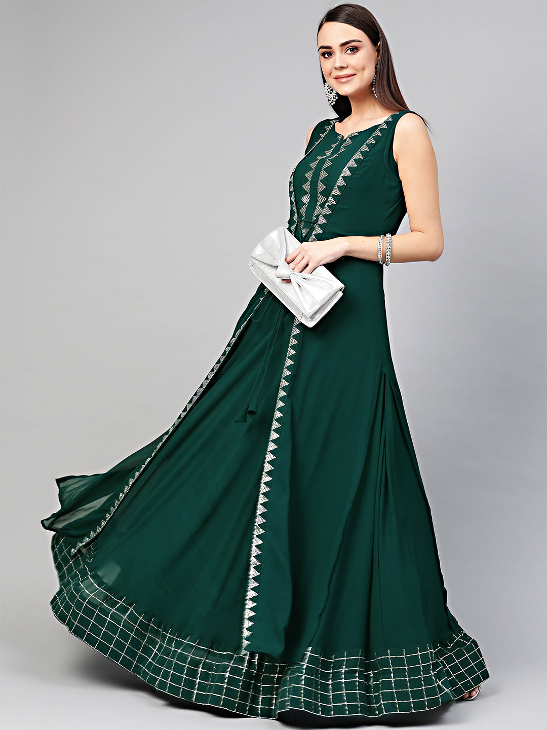 Chhabra 555 Made to Measure Georgette Cocktail Gown with Crystal Embellished Front Open Jacket
