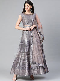 Chhabra 555 Purple Cocktail Gown with Kundan embroidered neckline, crystal embellishments and contemporary ethnic print