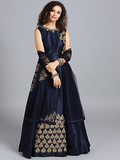 Chhabra 555 Navy Blue Raw Silk Zari Embroidered Stitched Gown With Net Dupatta