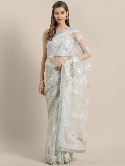 Chhabra 555 Net Saree with Thread embroidery and crystal, pearl embellishments