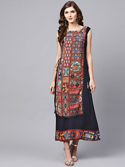Chhabra 555 Blue Rayon Layered Kurta Gown with Beads and stone Embellishments and tribal pattern