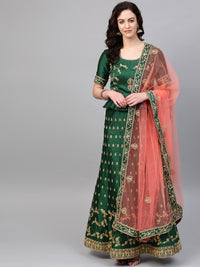 Chhabra 555 Green Peach Silk Semi-stitched Lehenga set with Intricate zari embroidery in floral motifs