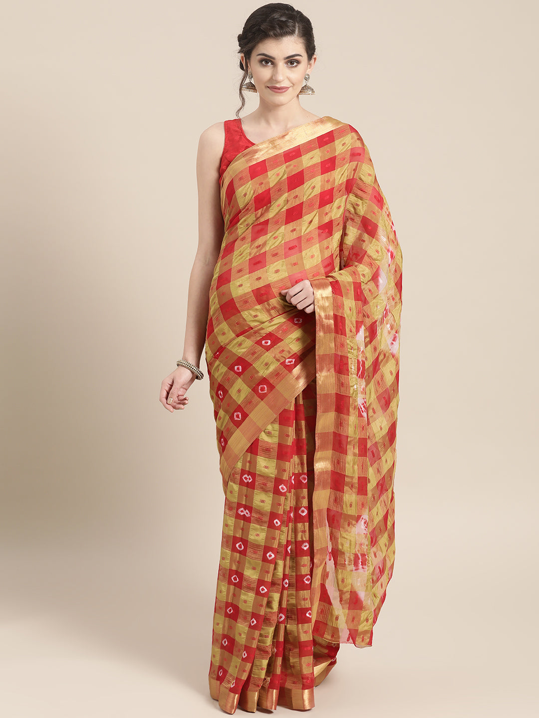 Chhabra 555 Chiffon Checked Saree with Bandhej print, Resham weaving and Gold Zari border
