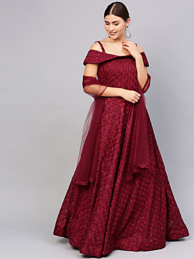Chhabra 555 Made to Measure Floor length Maroon Cocktail Gown with off shoulder sleeves and textured lycra fabric and dupatta