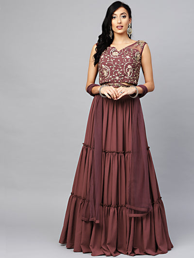 Chhabra 555 Made-to-Measure Burgundy Embroidered Croptop with Layered Lehanga and attached belt