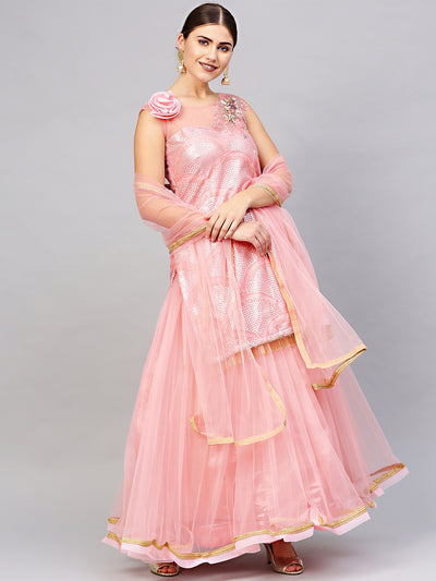 Chhabra 555 Made-to-Measure Pink Crop Top Lehenga Set with Sequin Embroidery and Zircon Embellishments