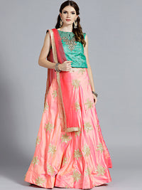 Chhabra 555 Pink Raw Silk Gota Patti Lehenga with contrast Kundan and Zircon Hand Embroidered Teal colored Blouse