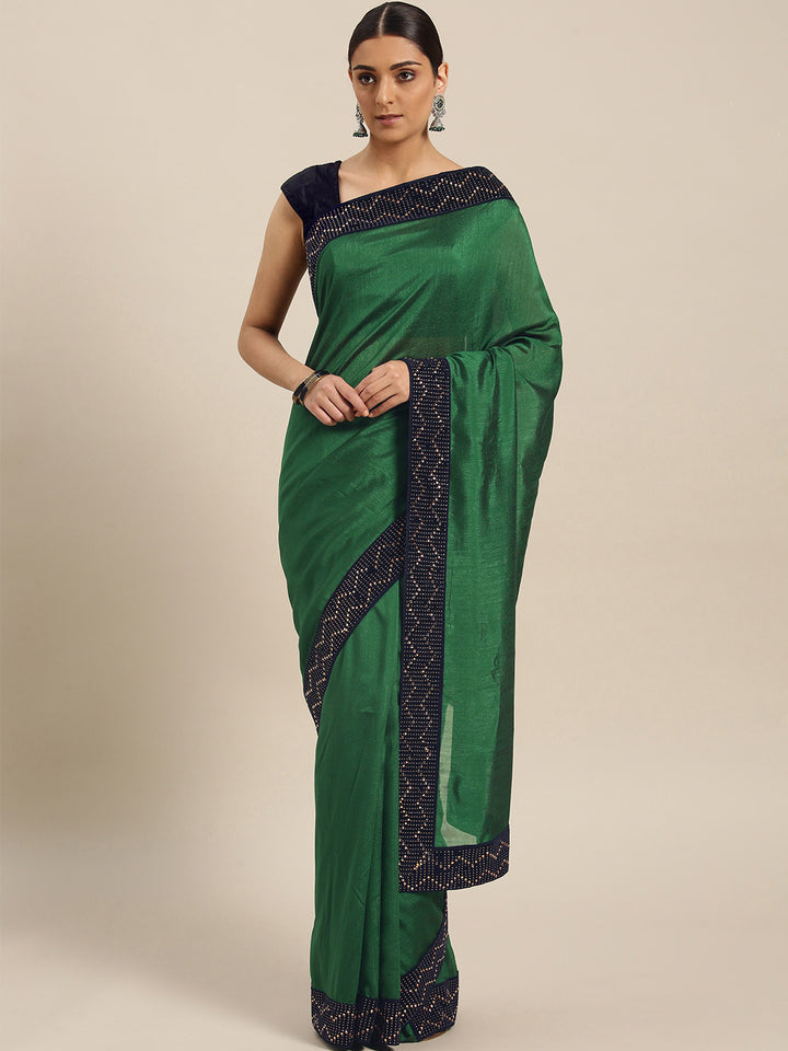 Chhabra 555 Raw Silk saree with Crystal and Stone Hand-Embellished Velvet Border