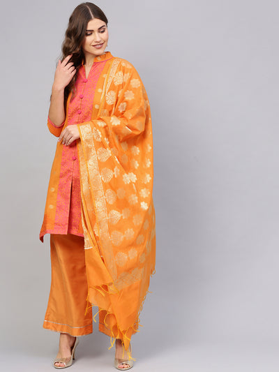 Chhabra 555 Orange Banarasi Handloom Dress Material with Zari Resham Weaving and Tassled dupatta
