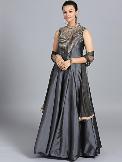 Chhabra 555 Dark Grey Art Silk Zircon Embroidered Stitched Gown With Net Dupatta 