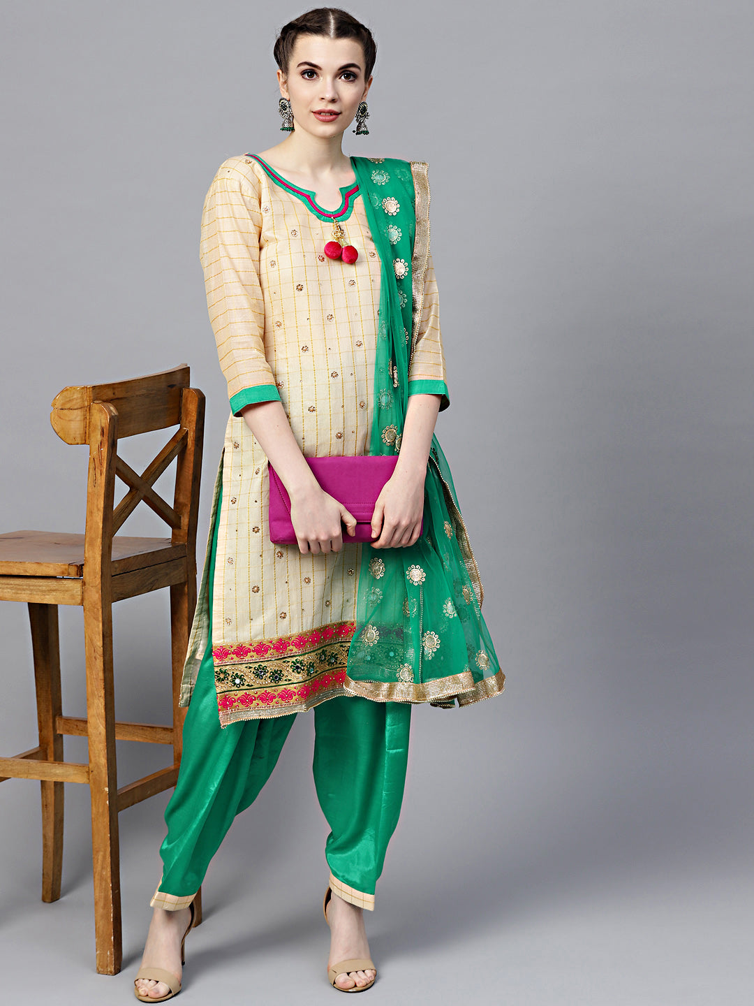 Chhabra 555 Chanderi Dress Material with Crystal Embellishements and Embroidered Border, Dupatta