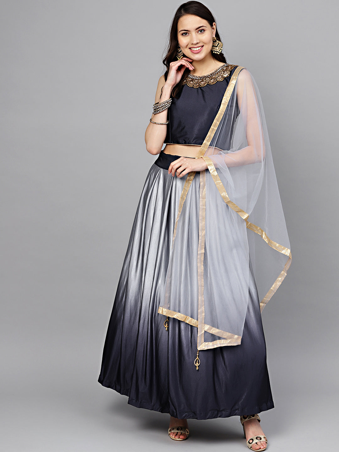 Chhabra 555 Made-to-Measure Shimmer Blue Ombre Lehenga Set with Kundan Embellished neckline