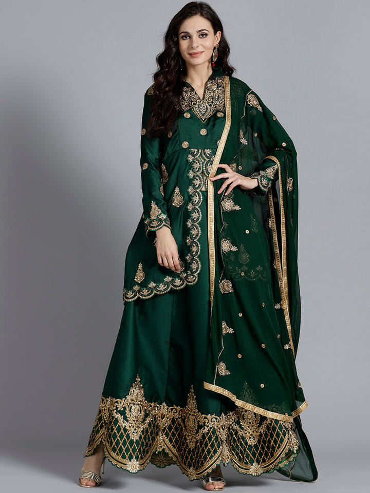 Chhabra 555 Bottle Green heavy Embellished Silk Crop top Lehanga With Thread Work, Pearl Work and beautiful Shining Zircon Choli with Dupatta  