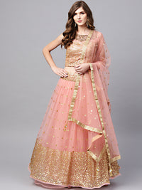 Chhabra 555 Made-to-Measure Pink Crop Top Lehenga Set with Sequin Embroidery and Zircon Embellishments