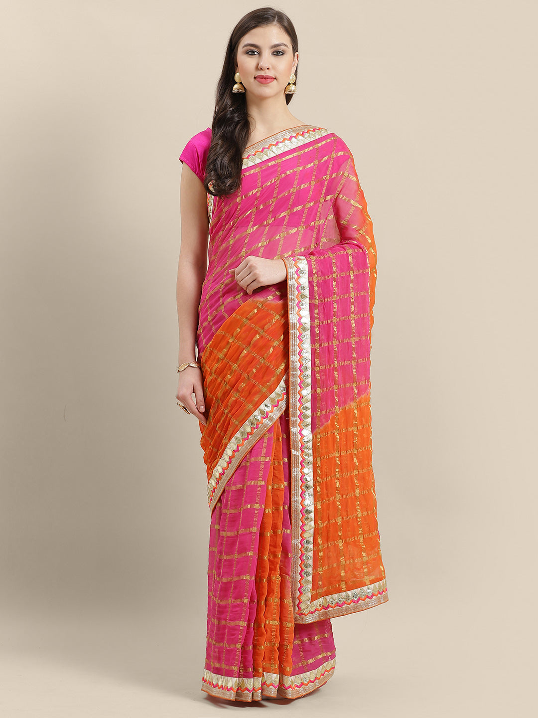 Chhabra 555 Chiffon Checked Gharchola Saree with ombre bandhani dying and Gota Patti Border