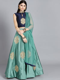 Chhabra 555 Blue & Peacock Blue Art Silk Zari & Kundan Worked Stitched Lehenga Choli With Net Dupatta