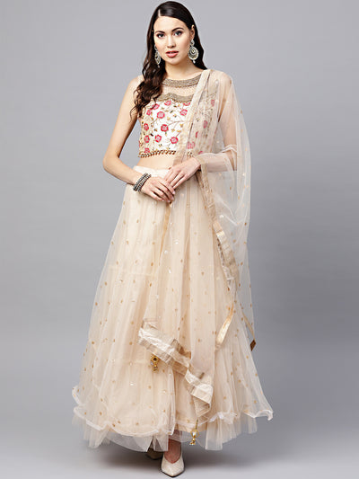 Chhabra 555 Made-to-Measure Cream Crop Top Lehenga Set with Zari Resham Embroidery and Layered Skirt