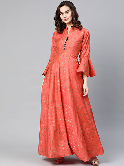 Chhabra 555 Made to Measure Anarkali Printed Kurta Dress with Zari Resham Weaving and bell sleeves
