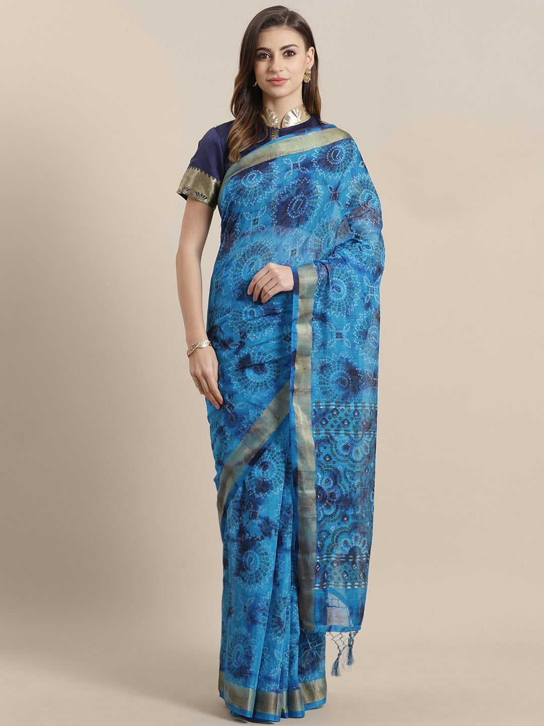 Chhabra 555 Chanderi Bandhej Multicolor Saree with  Golden zari border and tassels