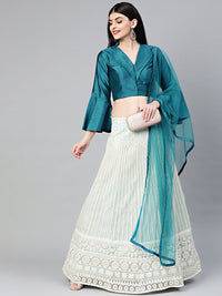 Chhabra 555 Made-to-Measure Crop Top Set with Chikankari embroidered lehenga and Jacket style bell sleeved blouse