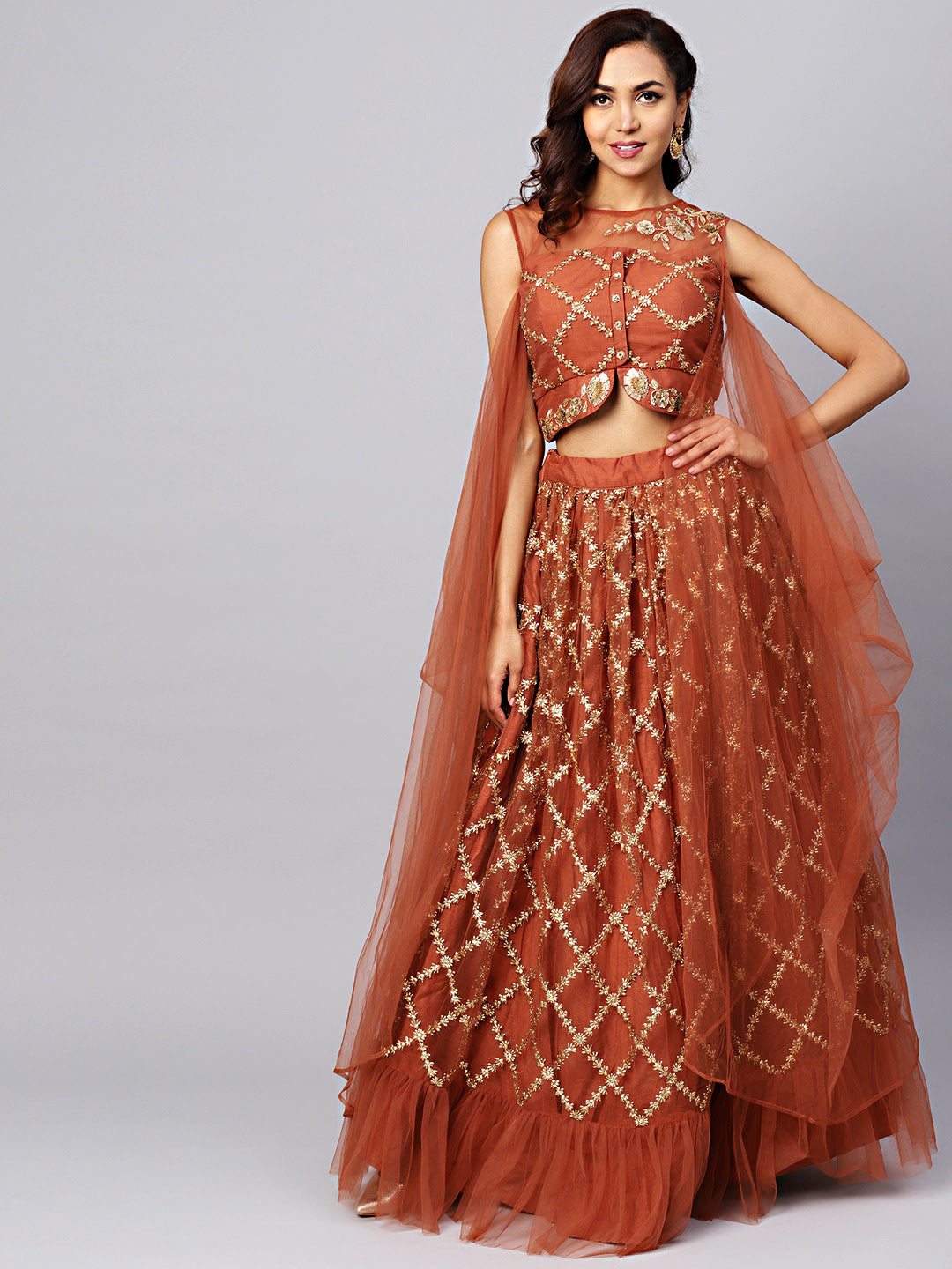 Chhabra 555 Made-to-Measure Embroidered Lehanga set with Crystal work & Cold Shoulder Flared Sleeves