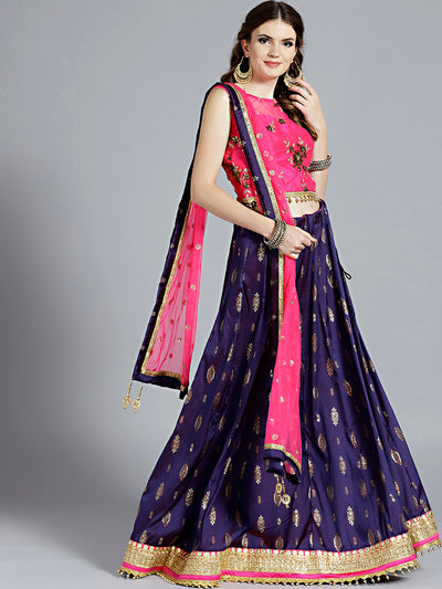 Chhabra 555 Purple Silk Foil and Glitter Print lehenga with contrast Kundan and Zircon Hand Embroidered Pink colored Blouse