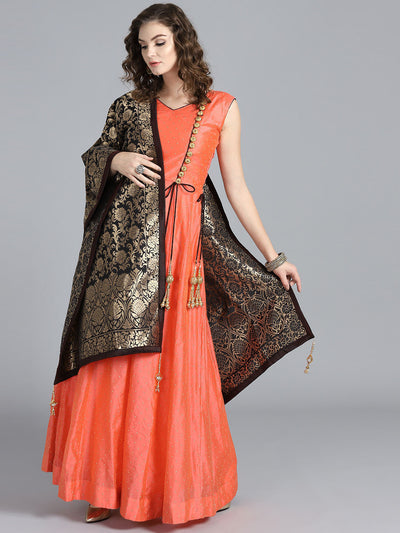 Chhabra 555 Orange & Black Art Silk Foil Print Embellished Stitched Anarkali Kurta Set With Heavy Banarasi Dupatta