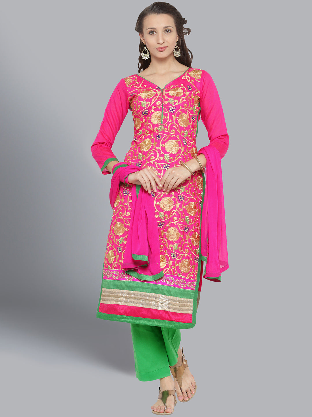 Chhabra 555 Cotton Dress Material with Floral Multicolor Resham Embroidery and gota border