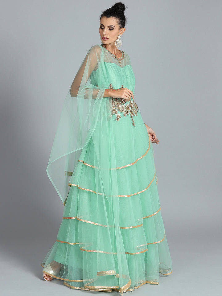 Chhabra 555 Made to measure Green Kurta Set with gold patch work embroidery and beautiful laces