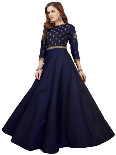 Chhabra 555 Made-to-Measure Blue Embellished Gown with Zari and Resham Embroidered yoke and sleeves