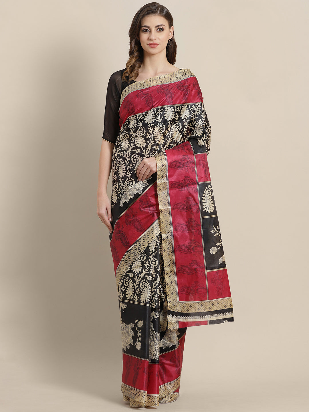 Chhabra 555 French Tussar Silk printed Saree with Goemetrical Colorblocking Ethnic Peacock Design