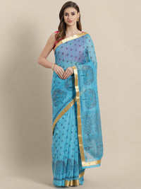Chhabra 555 Chanderi Blockprinted Multicolor Saree with  Golden zari border and crystals