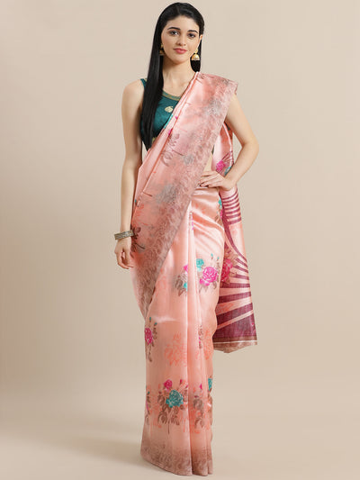 Chhabra 555 Pink Bhagalpuri Silk Saree with Floral Roses Digital Pattern and Khaki Blouse