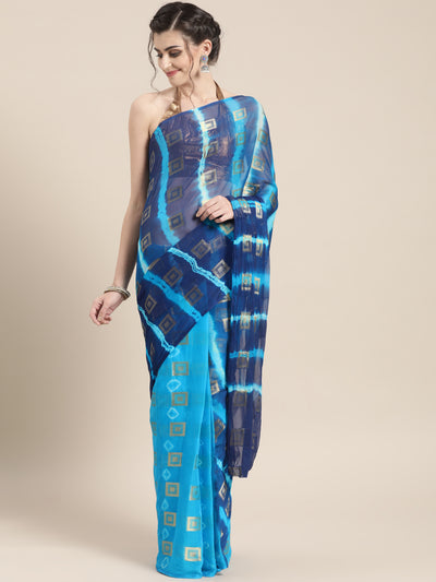 Chhabra 555 Chiffon Checked Ombre Bandhej Saree with Zari goemetrical woven design