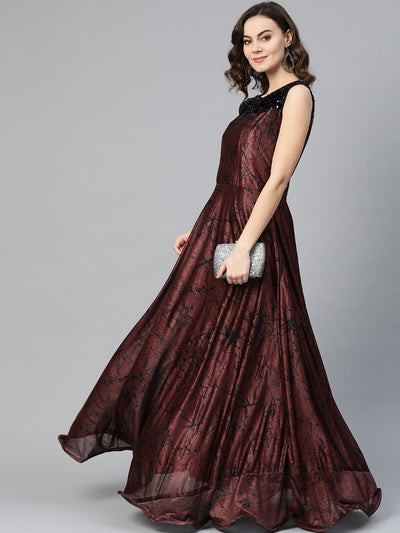 Chhabra 555 Maroon Black Cocktail Gown with Sequin embroidered neckline and contemporary animal print