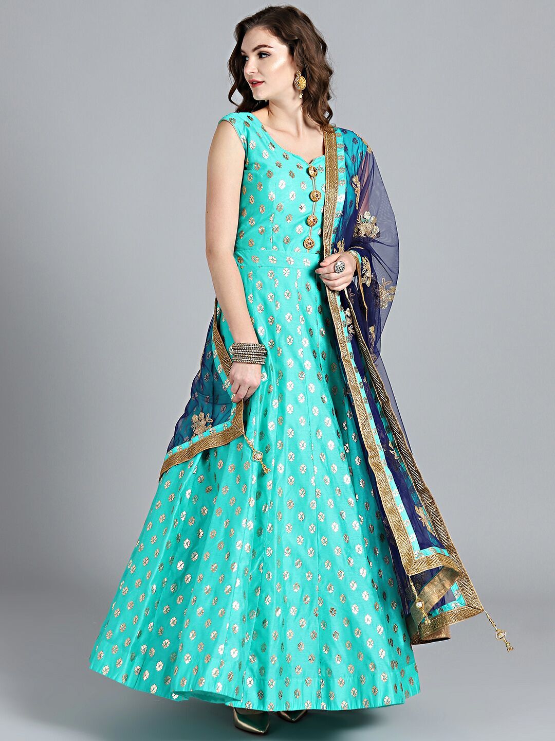 Chhabra 555 Peacock & Navy Blue Banarasi Silk Foil Print Embellished Stitched Anarkali Kurta Set With Heavy Net Dupatta