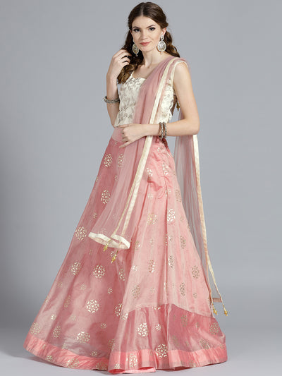 Chhabra 555 Pink Raw Silk Floral Parttern Lehenga with Crystal and Zircon Hand Embroidered contrast Cream color Blouse