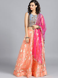 Chhabra 555 Orange & Grey Foil Printed Tissue Hand Embroidered Stitched Lehenga Choli With Heavy Net Dupatta