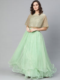 Chhabra 555 Made-to-Measure Crop Top lehenga Set with Crystal and pearl embellishments, Cape Style tassled blouse and foil print layered lehenga