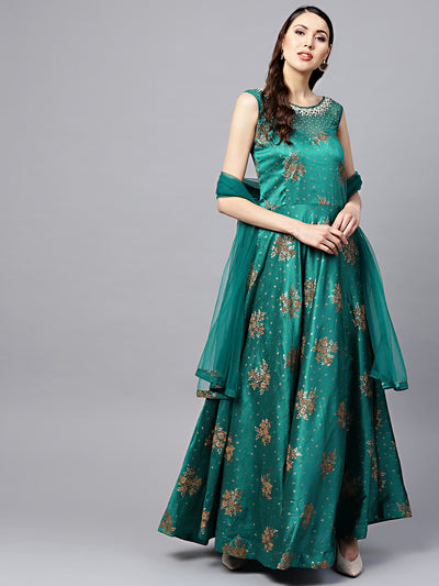 Chhabra 555 Made to Measure Turquoise Embellished Anarkali Kurta Set with Pearl Embellishments and Foil Print