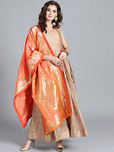 Chhabra 555 Persian Brown & Orange Art Silk Foil Print Embellished Stitched Anarkali Kurta Set With Heavy Banarasi Dupatta 