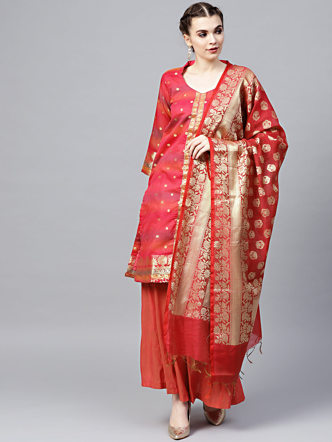 Chhabra 555 Pink Made-to-Measure Kurta Set with Banarasi Handloom dupatta and Palazzo 