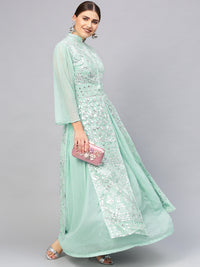 Chhabra 555 Made to Measure Floor length Turquoise Layered Cocktail Gown with Chikankari and Gota embroidery