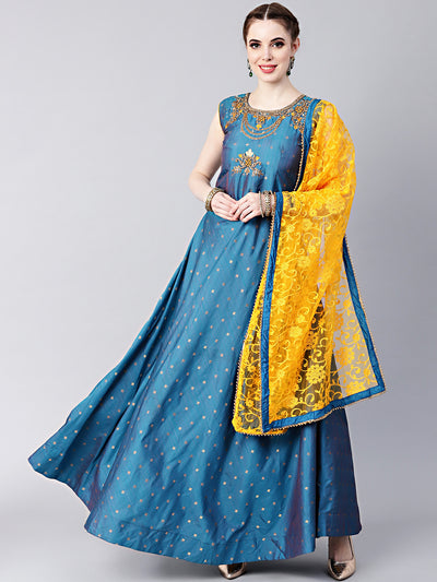 Chhabra 555 Blue Anarkali Hand crafted Kurta Set with Jeweled Neckline and Embroidered Silk kurta
