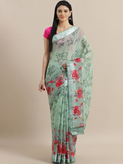 Chhabra 555 Sea Green Jute Cotton Silk saree with Floral Digital print and Satin Broad Border