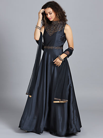 Chhabra 555 Blue Art Silk Swarovski Work Embellished Stitched Gown With Net Dupatta 